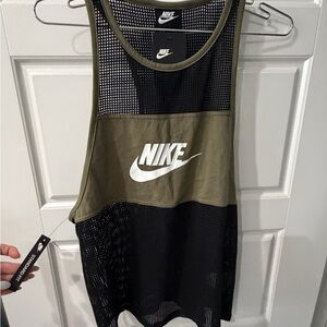 Nike Olive Green and Black Mesh Athletic Tank with White Logo